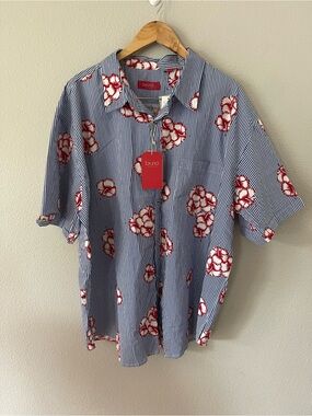 Bruno Milano Mens Short Sleeve Shirt Blue/White Stripes Hibiscus Size 3XL NWT